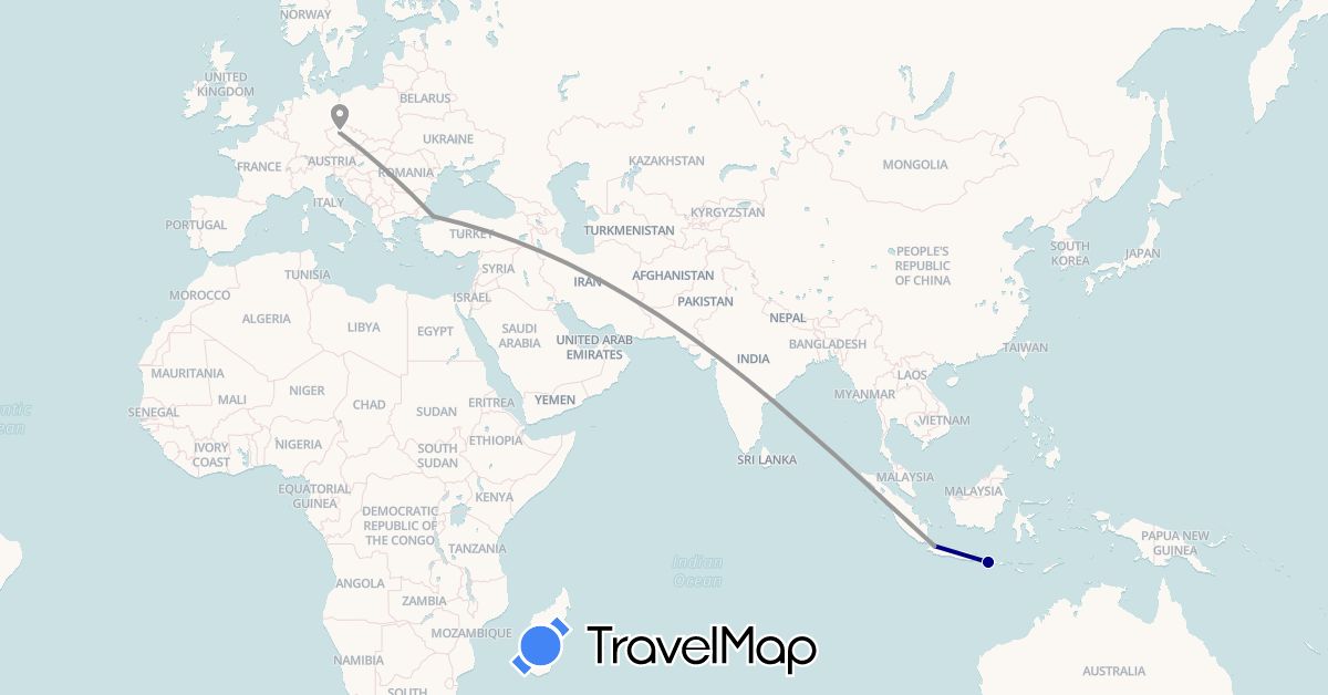 TravelMap itinerary: driving, plane in Czech Republic, Indonesia, Turkey (Asia, Europe)